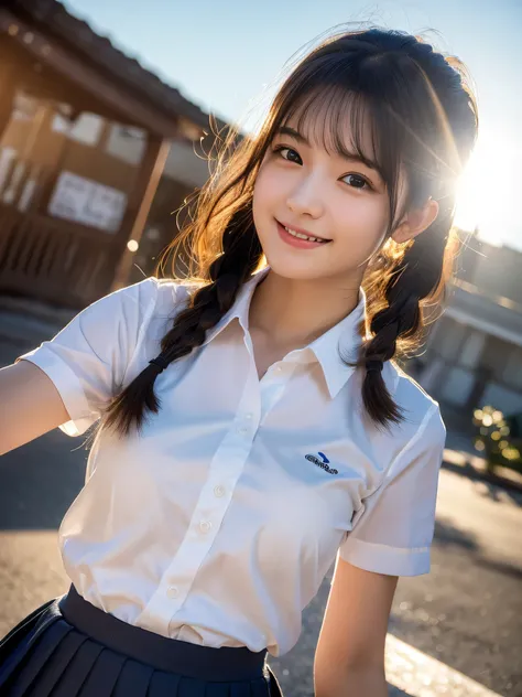 (Best Quality,masterpiece:1.3,Ultra High Resolution),(Super detailed, caustics ,8k),(Realistic:1.4,RAW shooting), 1 girl,(Smiling and looking down at the camera),( front shot:1.1),(Look forward),18 years old,cute,Japanese, black short twin tails,  school u...