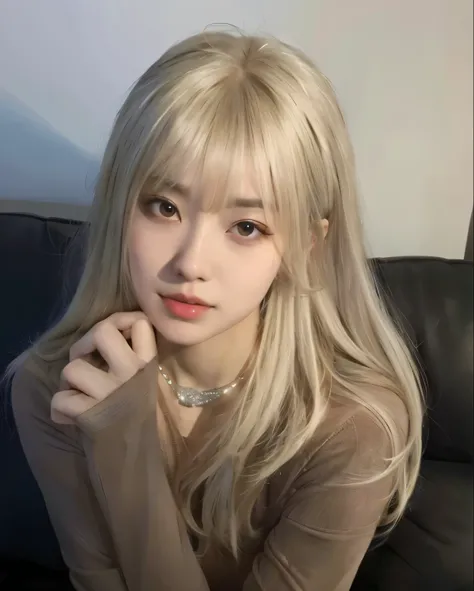 A closeup of a person sitting on a couch with a cell phone, long white hair and bangs, white hime cut hairstyle, cabelo comprido with strip completa, cabelos longos with strip, ulzzang, Lalisa Manobal, hair whitebangs hair, cabelo arrumado with strip, with...