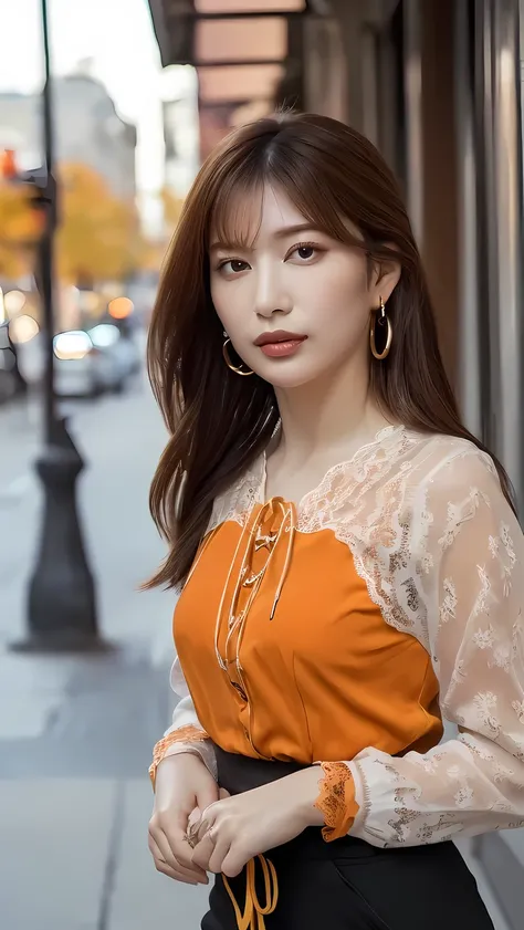 (((Best quality, 8k, Masterpiece: 1.3)), ((best quality)), ((masterpiece)), (detailed), perfect face, high detailed fingers, long ponytail, brown hair, ((orange Lace-up blouse)), long sleeves, shirt, top, ladies, adult, casual, white slacks, city, street, ...