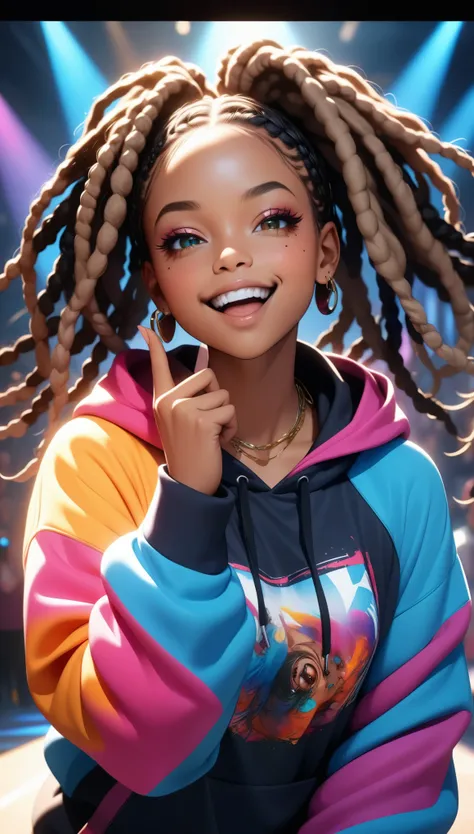 a beautiful young black girl with dreadlocks, fingersmile, colorful hoodie, rapper style, detailed facial features, intricate hair, dynamic pose, vibrant colors, cinematic lighting, photorealistic, 8k, highly detailed, masterpiece