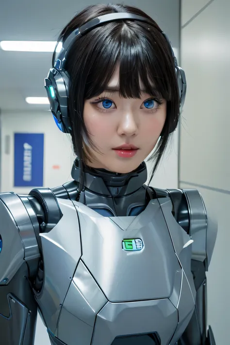 masterpiece, best quality, extremely detailed, Japaese android girl,Plump , control panels,android,Droid,Mechanical Hand, Robot arms and legs, Black Robot Parts,Black hair,Mechanical body,Blunt bangs,White robotics parts,perfect robot girl,future informat...