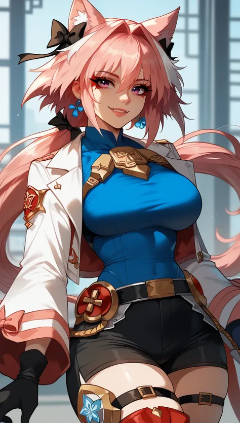 astolfo、A person, Bust Shot, Wicked Smile,  See your viewers, Red eyeliner, mark, mark da testa, light pink hair,  very long hair , gradient hair,  blue hair tips ,  ponytail ,  Aquamarine eyes ,  Animal ears, white jacket,  Open court , long sleeve, belt,...