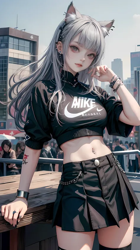 From the top、  Best Quality , table,   photo of female star  , beautiful, Gray hair ,View Audience、  Harajuku street background、Nike、 Pierced women 、 drilling ,tattoo,smile、Colorful hair, Black Shorts、blunt bangs、(Black skirt)、1 girl in,Cat ears, alone ,I&...