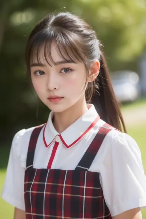 (top-quality、​masterpiece)、Neat and clean high school girl、Small person、、  dark hair ponytail  、 white collar blouse 、 red plaid mini skirt、 white panties to be covered、Beautiful Face、(slim, small, flat, small)、Detailed eyes、 black eyes 、 double eyelids 、Outside the house、wind、Glowing Skin、Blurred Background、