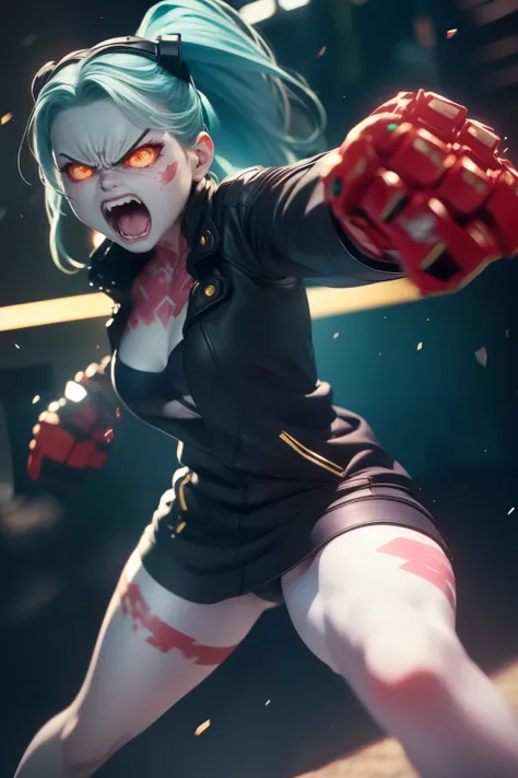 Rebecca in Dynamic fight pose, 1girl, (((Showing hands, angry face , detailed face))). Detailed, best quality, 4K.