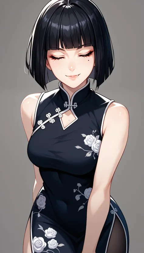Anime Girls, beautiful detailed eyes, ultra-detailed, cowboy shot,
1girl. solo, lewd, ero, ecchi, sexy, facing viewer, looking at viewer,
closed eyes, smile, hime cut, bob cut, black hair, mole under eye, open mouse, fang,
china dress,
grey background, sim...