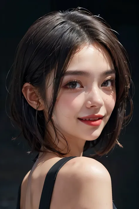 a 20 yo woman、Black blue Hair、Bery short hair、Big smile、(hi-top fade:1.3)、dark themed、Muted Tones、Subdued Color、highly contrast、(natural skin textures、Hyper-Realism、Soft light、sharp)