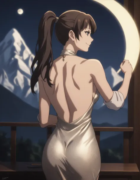 score_9, score_8_up, score_7_up, gsfghtr, ponytail, evening sexy dress, 1girl, smile, top of the mountain, moon, back