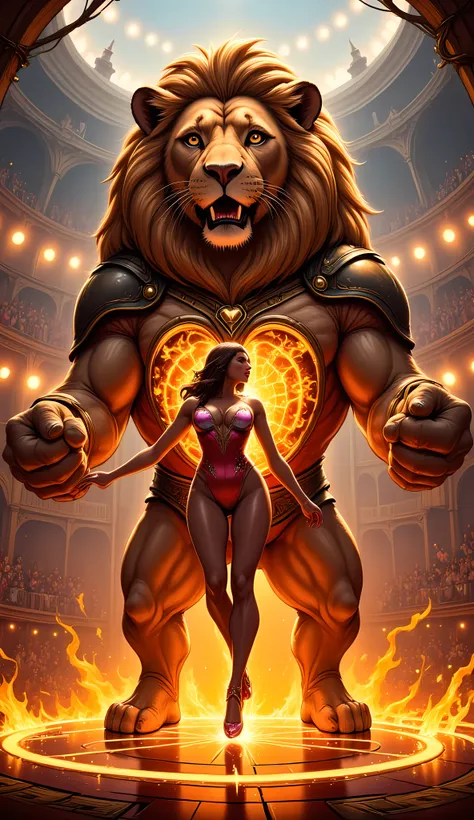 a lion holding a burning hoop for a female human to jump through it, woman wearing red and white leotard, wearing high heels, th...