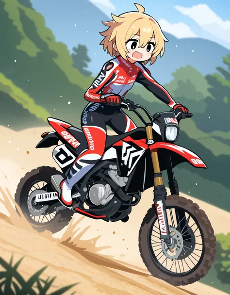 masterpiece,best quality,ultra detailed,8k,,smaller female,blond hair,short hair,hair between eyes,black eyes,motocross suit, ri...