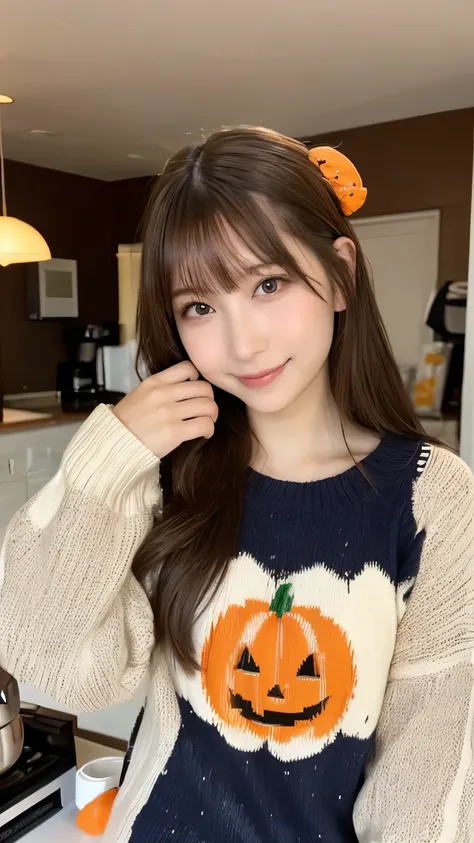 a room decorated for halloween、halloween sweater, cute sweater、state of the art coffee maker、pretty shots、 cute high school girl