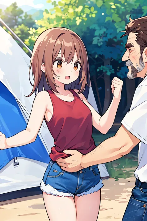 Best Quality、 1 girl, Small breasts、Girls have slender bodies、Reddish brown hair、 straight hair、 white tank top、 denim hot pants、Campsite、tent、(((One middle-aged man)))、(((Man grabs girl&#39;s butt)))、 girl with troubled face 
