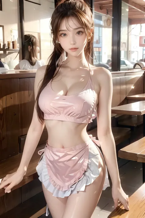 ( super high image quality ), ( looking over here), (Pink shirt, White ruffled apron), Big Breasts, Super beautiful breasts, Slender,  narrow waist, (Thin legs:1.2), (Thin thighs:1.2), (Thin Hips:1.4), (Beautiful Skin,  shiny skin,  white skin), (Super sli...