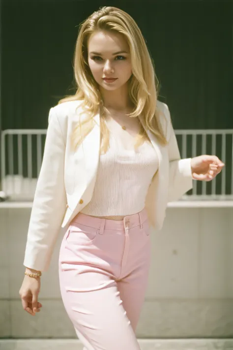 Elite style, very beautiful girl, supermodel like feature, wavy blonde Hair with highlights, 90s style, pale porcelain skin, 90s analog, grainy film, chic pink outfit, maria ozawa