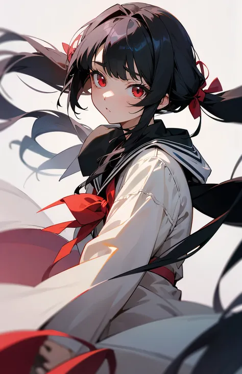 One girl, Twin tails, Long Hair, High resolution, Red eyes, Character portrait, anime風, anime, Hair blowing in the wind, chest, A blank look, Character portrait, solo, Look at, bangs, Black Hair, ribbon hair accessories, 