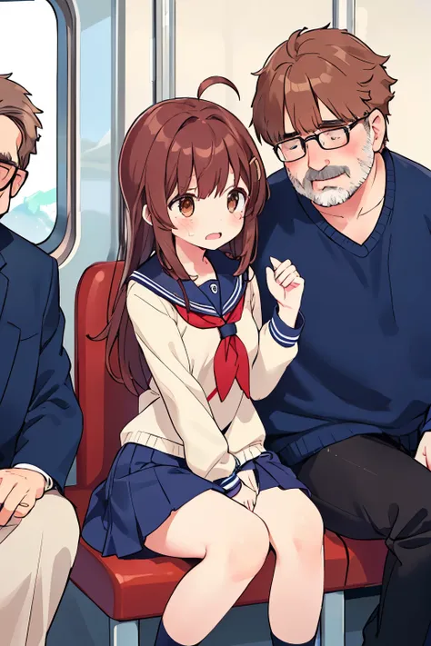 Best Quality、 1 girl , Small breasts、Slender body、Reddish brown hair、 long straight hair 、Ahoge、 brown eyes 、 school uniform、 navy blue mini skirt、 in the train、 sit on a chair、(((One middle-aged man)))、(((Man grabs girl )))、girl looking at men、A girl with...
