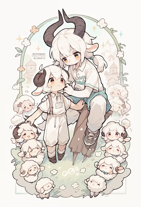 antelope boy，Sheep horns，Boys Features， white hair ，White Arm，Short sleeve，