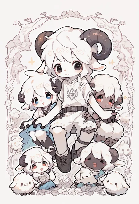 antelope boy，sheep horns，boys features， white hair ，white arm，short sleeve，