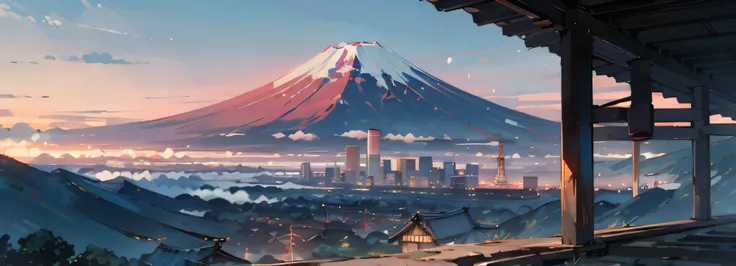 ((best quality)), (detailed), japan, cityscape, daytime, tall buildings, asahi beer hall, mount fuji in background, tokyo tower, anime scenery, HD 8K