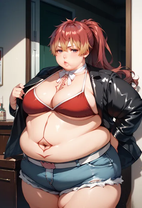 kirigakure shura, tattoo, ponytail
open clothes, black jacket, red bikini, bikini top only, denim shorts, cutoffs, short shorts,...