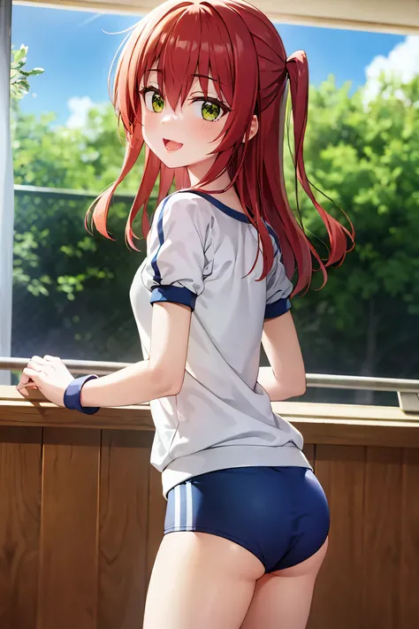 room, 1 Girl, Highest quality, Ultra-high resolution, Long Hair, Redhead, Green Eyes,Looking at the audience, Small breasts , smile, Open your mouth、Cowboy Shot、(Navy blue cuffs and white short-sleeved gym uniform)、(Navy Blue Bloomers)、(
barefoot)、Navy blu...