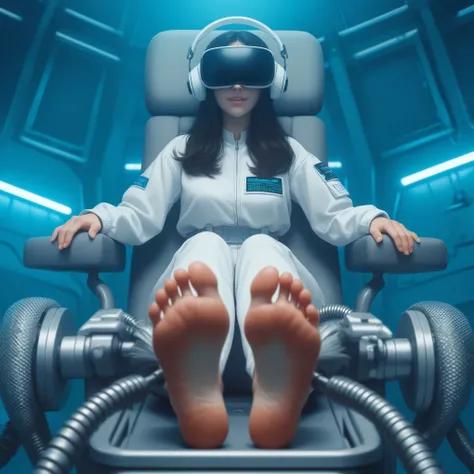 Female researcher, wearing a vr headset, seated in a futuristic lounge chair, barefoot, ankles restrained, soles exposed, soles visible, sexy feet, soles are brushed by machinery, bristled foot tickler devices, inside a metal laboratory.