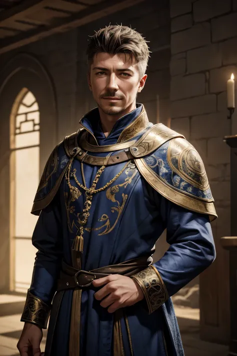 Petyr Baelish, Scar on the left cheek, blue medieval autumm clothes with gold embroidery, mysterious smile, scandinavian, atmospheric scenery of the Game of Throne, masterfully rendered in high-resolution, 8K quality, with ultra-realistic, photorealistic s...