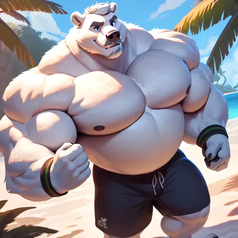 huge muscular polar bear in Tropical island beach, big grr, polar bear, huge white fur, thick arm, huge arm, huge white fur, thick arm, huge arm, added gray mustache, added gray beard, short white hair, height: 220cm, weight: 440lbs, (veiny bulked up muscu...