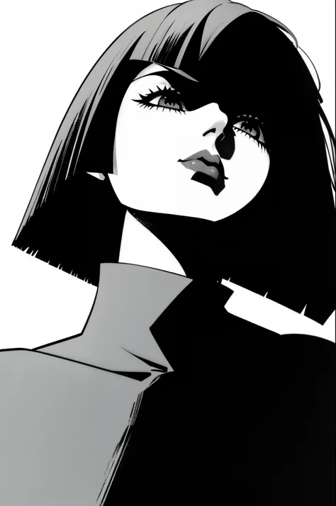 1girl, solo, monochrome, greyscale, bob cut, black turtleneck, seductive smile, closed mouth, from below, looking up, blunt bang...