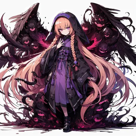 (masterpiece, Best Quality), (detailed hairs), Ultra-detailed, Anime style, Full body, Solo, very massive, muscular, Cyberpunk shadow maiden, light peach hair in a single braid, narrow eyes, sleepy standing, wearing Japanese nun’s habit, dark purple cyberp...