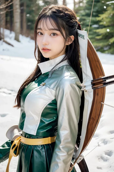 young woman with long wavy black hair, green eyes, holding bow and arrow, in light gray leather uniform in snowy forest, with a ...