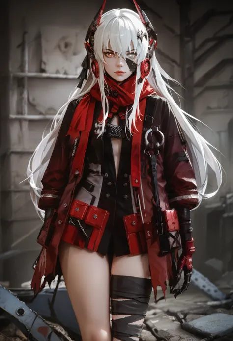 zPDXL2, score_9_up, score_8_up, score_7_up, (Anime_source), 1girl,, CrimsonAbyss, Heterochromia, red eye, grey eye, white hair, Crimson clothes, headgear, (bandaged leg),