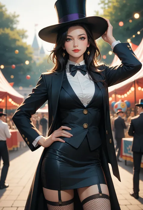 score_9, score_8_up, score_7_up, (masterpiece, UHD, 8K, 16K, ultra detailed), sfw, cowboy shot, solo, 1girl, smiley, magician, black hair, long hair, black tailcoat, white shirt, black bow tie, fishnet stockings, black top hat, (hand on hip, hand on hat:1.2), posing, circus festival in background, outdoor, (depth of field), (bokeh), diffused light, dramatic ambient