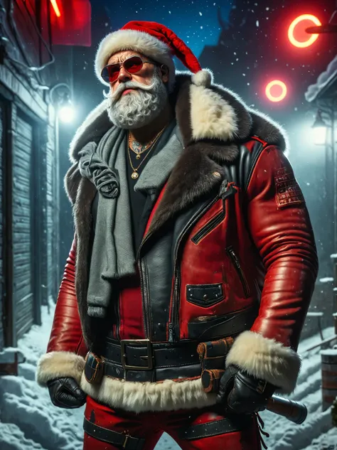 rude santa claus ,  saint wearing a red leather jacket and hat, rough and strong . peligroso,  dirty and very angry .  carrying ...