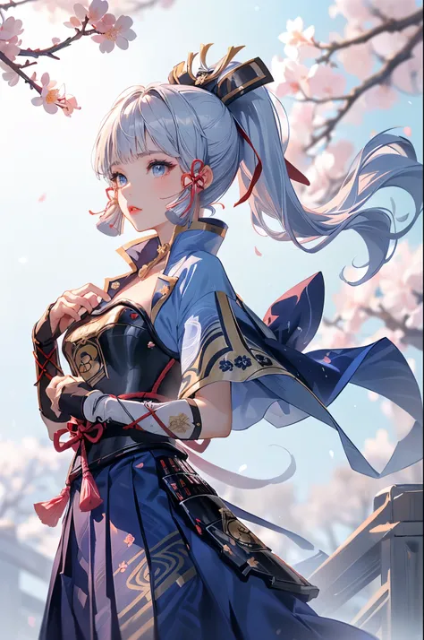 masterpiece, Best Quality, ((Ayaka Kamisato_ Genshin Impact)),(( 1 girl ,Long Hair, blue hair , ponytail,  Hair Ribbon ,  hair accessories , Hold the  ,  blue eyes ,breastplate,armor, Short sleeve,Japanese clothing,  Blue Skirt , Tassel,gloves, Arm guard,)...