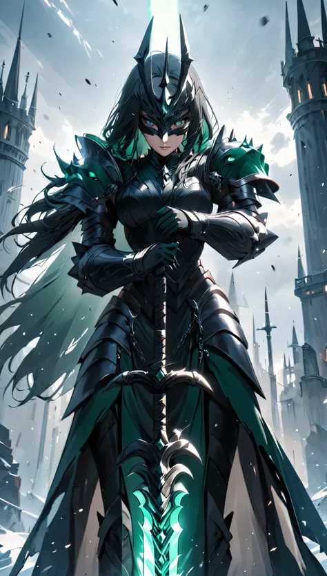 a powerful woman knight clad in black and emerald armor, full face black mask, standing tall and fearless, gripping a majestic s...