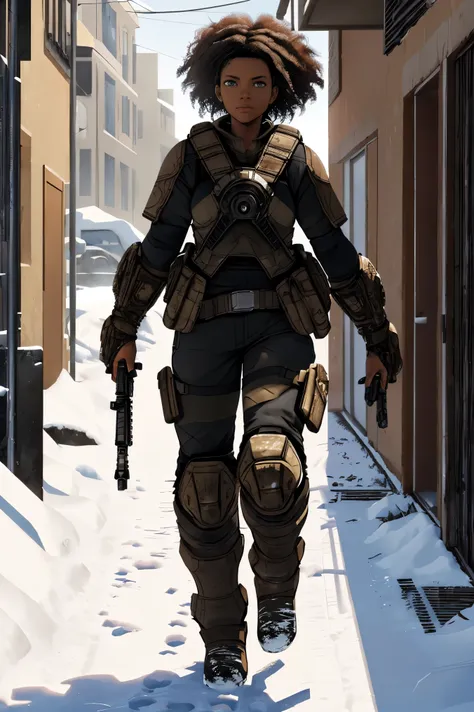 ((3d art, gears of war style, third-person shooter style)), African female combatant, curly hair, dark hair, black skin, full body, ((walking. with her back to the camera, wearing a backpack, body tattoo)), (precipitation style, precipitation of the univer...