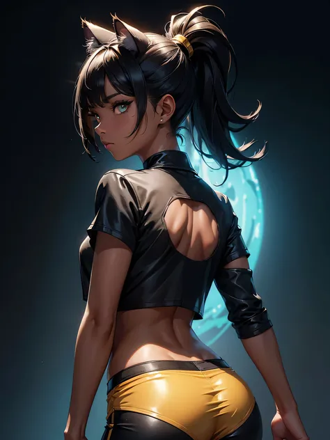 (high resolution, upper body, soft skin:1.2),(best illustration,masterpiece:1.2),ultra-detailed,[(cat ears , black inside:1.2, black ponytail hair, gold cat eyes, dark skin),vivid colors,sharp focus,studio lighting,bokeh, full body portrait, wearing a blue...
