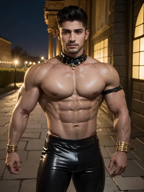 (Masterpiece, Hyperrealistic, 8k, HDR, RAW), ((Natural illumination)), sunset illumination, warm illumination, ((Standing)), (((Outside the walls of a Persian Citadel))), ((handsome man)), egyptian boy, bad boy, ((Tanned skin)), 21 years old, ((Muscular ab...