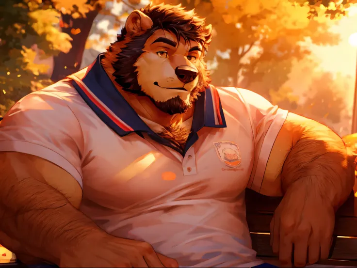 male school uniform, summer, (sunny), tree bench, sitting, close-up view, (bokeh), sitting non-challantly, muscular, hairy, , go...