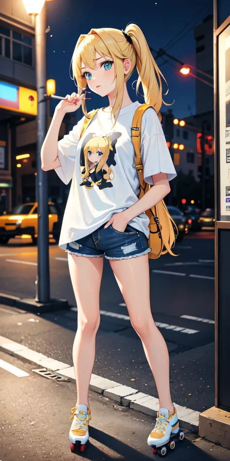 1 girl,  blondes with ponytails, shorts jeans ,  mini t-shirt , roller skating, night street 