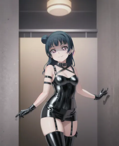 (masterpiece, best quality), 1girl, solo, Yoshiko Tsushima,black latex,evil smirk, ,aura(black and purple)background,ruins,(((corset dress with shoulder straps)))、(((Black latex tight mini skirt:1.4)))、(((Black Thigh Boots)))、Stiletto heels、(((Black latex...