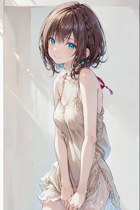 （ cute girl :1.3）、 smile,summer atmosphere、plain t-shirt、brown hair、　(3)，blue sky，small breasts，  flat chest，((repay)), (  very ...