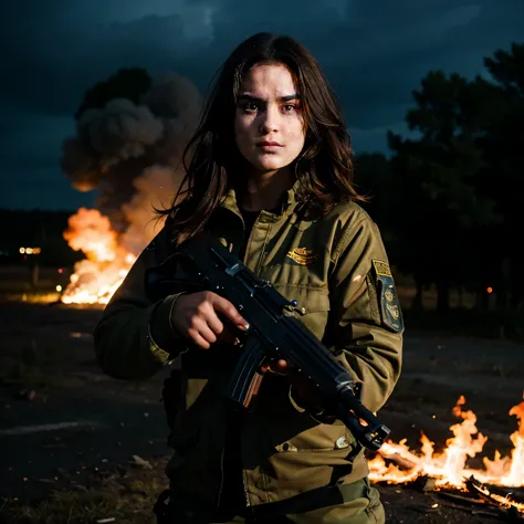 best quality,ultra-detailed,realistic:1.37,highres,masterpiece:1.2,portrait,a girl with an AK47 gun in her hand,detailed facial features,strong expression,intense gaze,dark and moody lighting,gritty atmosphere,high contrast,sharp focus,bold colors,metallic...