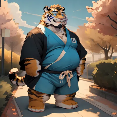 New Jersey 5 Pelzig,Tiger,Lonely,pummelig,Fat,thick arms, Sturdy muscles ,Shorts,Orange plush fur,pummelig Face,  black eyebrows  ,sky blue eyes,bart,  (black kimono),smile， Under the cherry trees，Colourful cases 