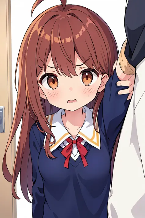 Viewer discretion advised、Best Quality、 1 girl , Small breasts、Slender body、Reddish brown hair、 long straight hair、Ahoge、 brown eyes 、 school uniform、 navy blue ))、(((One middle-aged man)))、(( penis ))、 troubled face、 spread your arms、Man grabs girls arm、