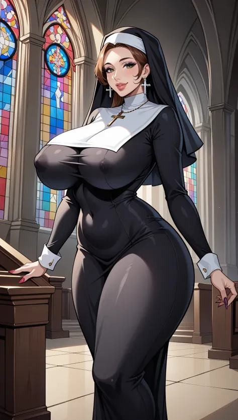 mature female, mom, milf, 40 year old woman, ((thick lips)), (puffy lips), smile, parted lips, makeup, tall, wide waist, [wide hips], (((thick thighs))), big ass, (huge breasts) , [[sagging breasts]], tall, oily breasts, nun cap, nun gown, (big earrings), ...