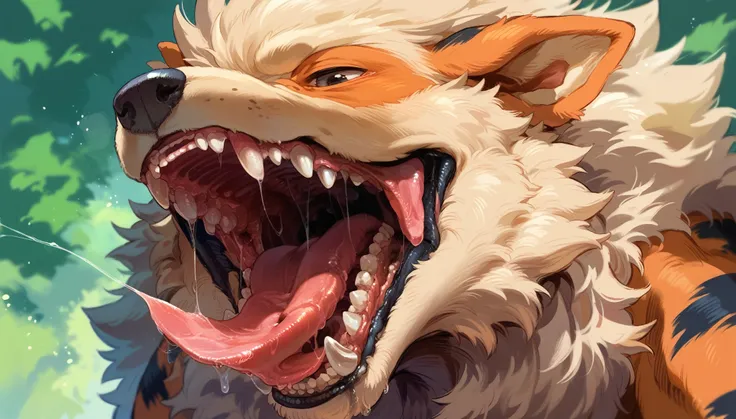 Male feral arcanine, face shot,opened mouth,saliva,tongue out,saliva string,detailed face,detailed mouth,portait