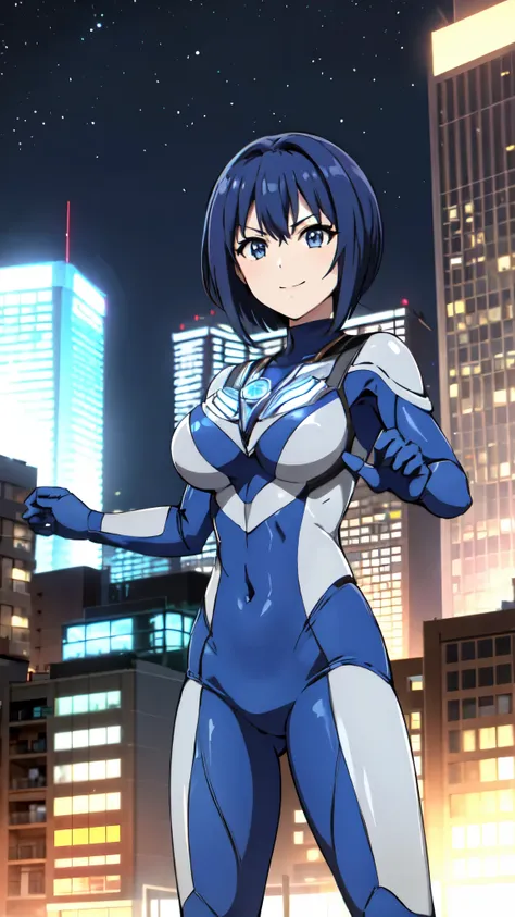 michirutojo, masterpiece, View your viewers,
Blue Hair, Cowboy Shot、Combat Stance、Ultraman bodysuit、Large Breasts、Hero Suit,Tight suit,smile、(building:1.2)、Night view