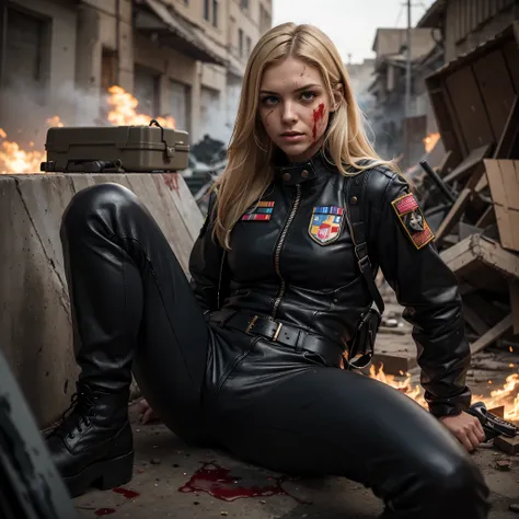 Blonde woman, War photographer with a camera , Blood on her leather jumpsuit and face, war scene around her with explosions and whistling bullets, a bulletproof vest with the inscription PRESS on it . spread legs